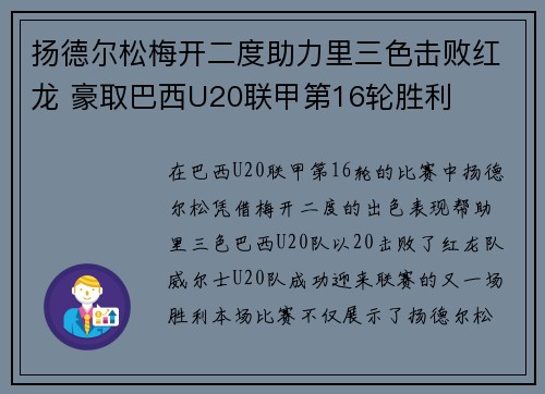 扬德尔松梅开二度助力里三色击败红龙 豪取巴西U20联甲第16轮胜利