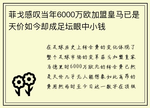菲戈感叹当年6000万欧加盟皇马已是天价如今却成足坛眼中小钱