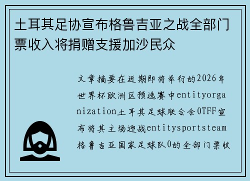 土耳其足协宣布格鲁吉亚之战全部门票收入将捐赠支援加沙民众
